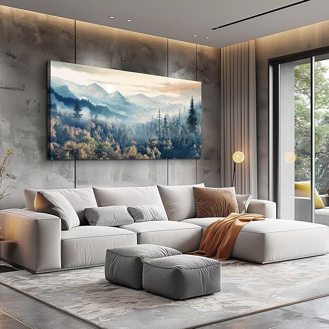 MHARTK66 Canvas Wall Art For Living Room Large Decorations For Office Bedroom Wall Decor Prints Foggy Forest Pictures Trees Landscape Wall Painting Ready To Hang Room Home Decor 24x48 in