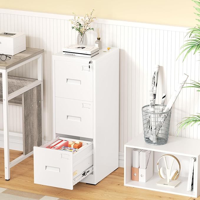 Greenvelly 3 Drawer File Cabinet with Lock, Metal Filing Cabinet for Home Office, Locking Vertical File Cabinet, 18" D File Cabinets for Home Office, Easy Assemble (White)