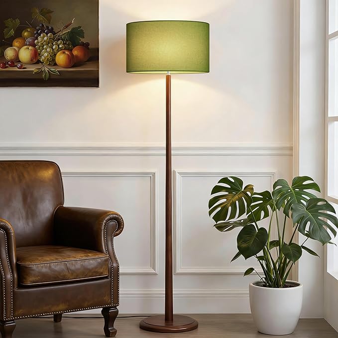 61" Rustic Walnut Wood Floor Lamp for Living Room, Retro Farmhouse Tall Lamp for Bedroom, Mid Century Standing Lamp with Linen Shade for Home Corner, Office, Dining Room, Bulb not Included, Green