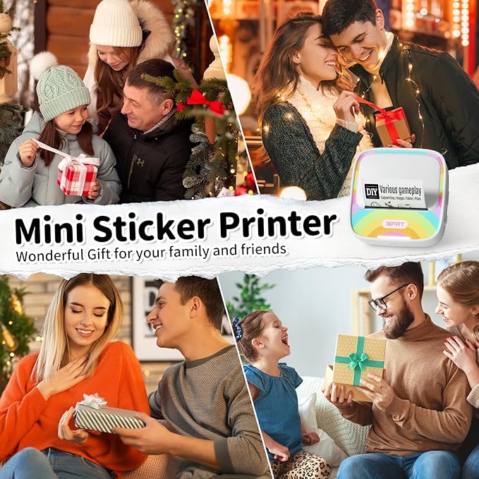 iDPRT Mini Printer with 1 Roll Sticker Paper, Portable Sticker Maker Machine Efficiently and Quickly, Thermal Printer for Study Notes, Pictures, DIY, Label, Rainbow