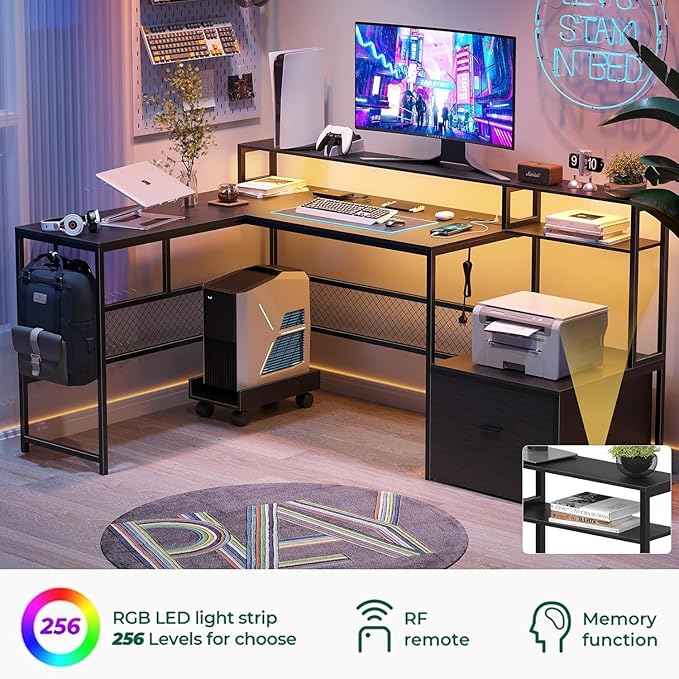 L Shaped Desk with Drawers, 66" Home Office Desk with Power Outlet and Led Strip, Computer Desk with Storage Shelves & Monitor Stand, Large Corner Desk Gaming Desk, Black