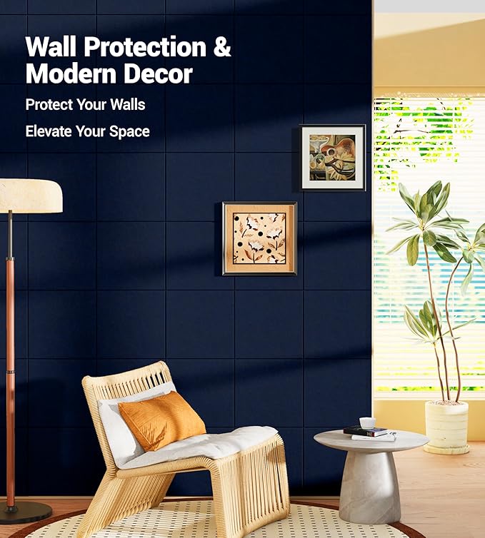 1/2" Thick Cork Board for Office, 6 Pack Felt Wall Tiles -28"x18" with Safe Adhesive Tabs, Large Bulletin Board, Push Pin Board Organizer Wall - Dark Blue