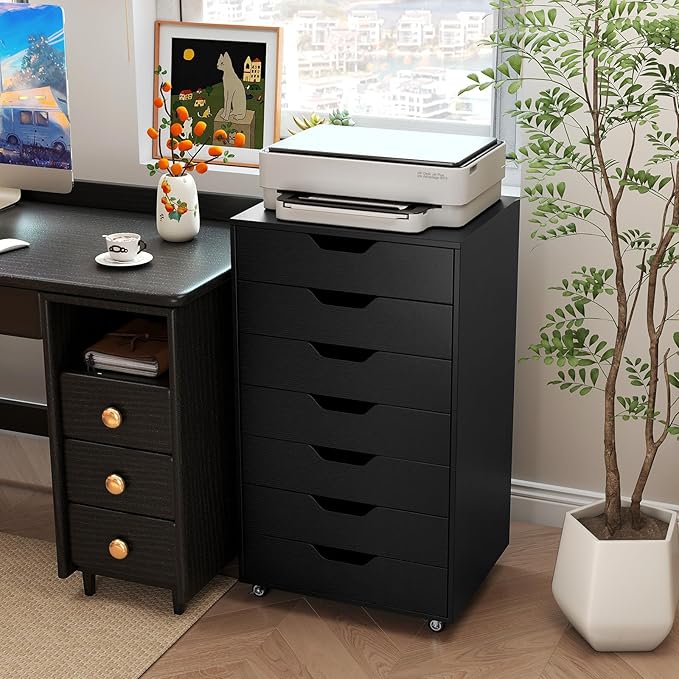 7 Drawer File Cabinet, 34.5" Vertical Storage Drawer Cart, Under Desk Office Organizer, Wooden Printer Stand, Rolling Filing Cabinet for Home Office (Black)