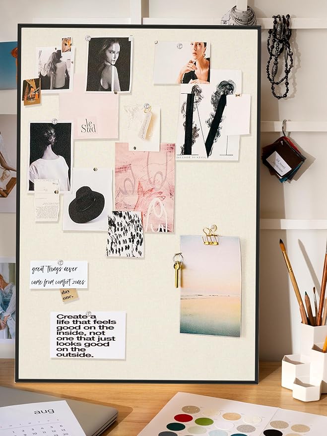 Bulletin Board 30 x 20 inches, Oatmeal White Pin Board Vision Board, Black Aluminum Framed Fabric Cork Board with 10 Push Pins, Black Framed