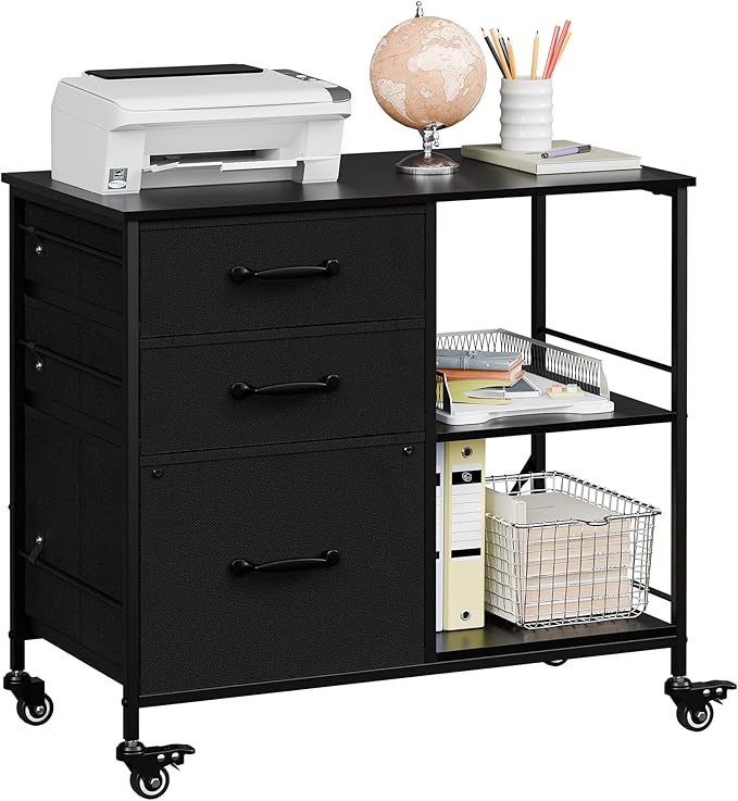 ZENY Lateral File Cabinet with 3 Drawers, Mobile File Cabinet Printer Stand, Rolling Fabric Lateral Filing Cabinet for Office Home Small Space (Black)