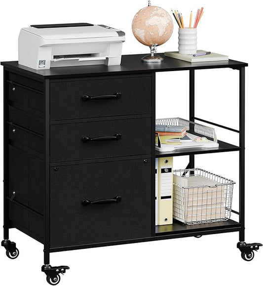 ZENY Lateral File Cabinet with 3 Drawers, Mobile File Cabinet Printer Stand, Rolling Fabric Lateral Filing Cabinet for Office Home Small Space (Black)