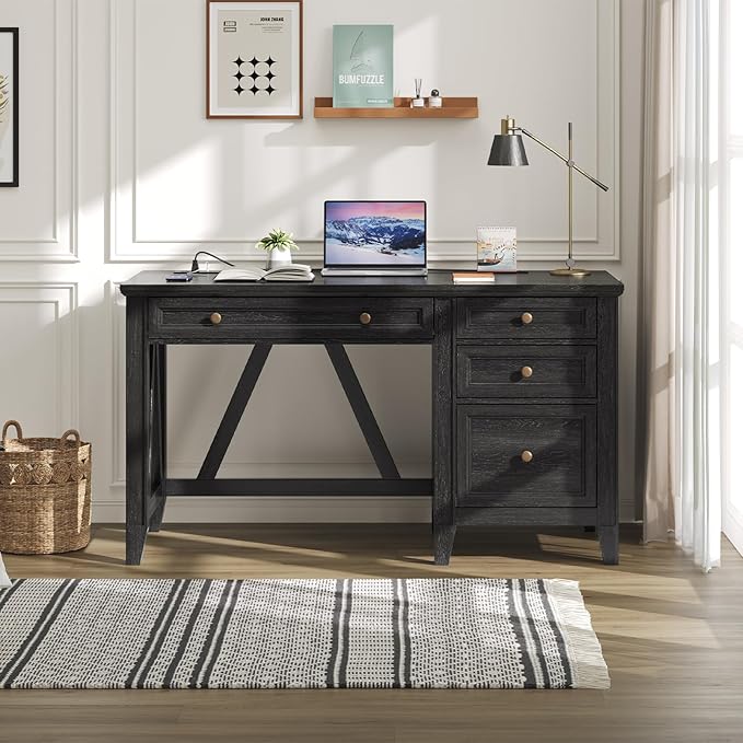 ONBRILL 54 Inch Farmhouse Executive Desk, Computer Desk with Storage Drawers & File Drawer, Modern Home Office Desk with Charging Station for Working, Studying, Writing, Brown (Black)