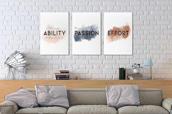 SHMAO Office Canvas Wall Art Motivational Wall Decor, 3 Piece Ability Passion Effort Print Pictures for Office Wall Decor Women Inspirational Framed Artwork Home Office Decor 12”x18”x3 Panels