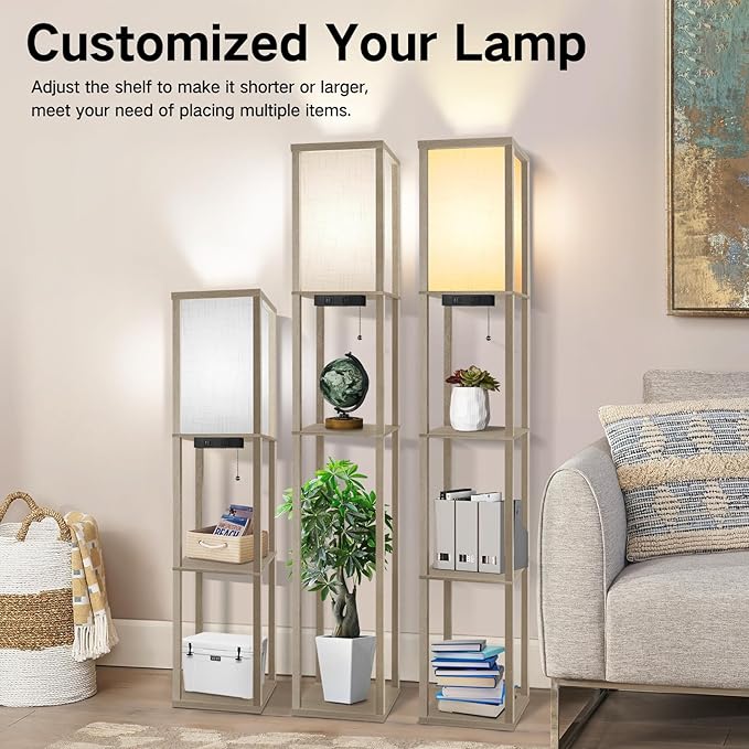 OUTON Floor Lamp with Shelves, LED Shelf Floor Lamp with 1 USB & 1 Type C Ports, 1 AC Outlet, 3 Color Temperature, Storage Display Wood Column Tall Standing Lamp for Living Room, Bedroom Office, Grey