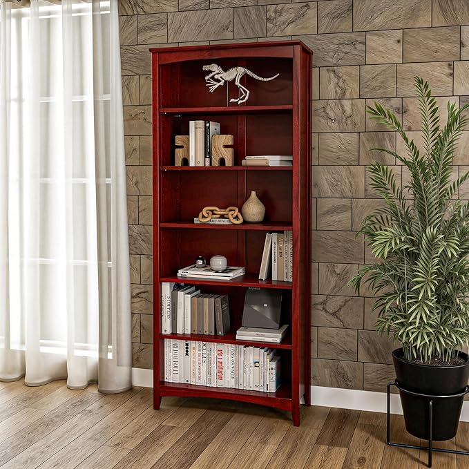 Camaflexi Shaker Style 6 Shelf Bookcase/Solid Wood / 72" High/Adjustable Shelving/Closed Back/Display Bookshelf for Living Room, Bedroom, Home and Office, Red Garnet Stain
