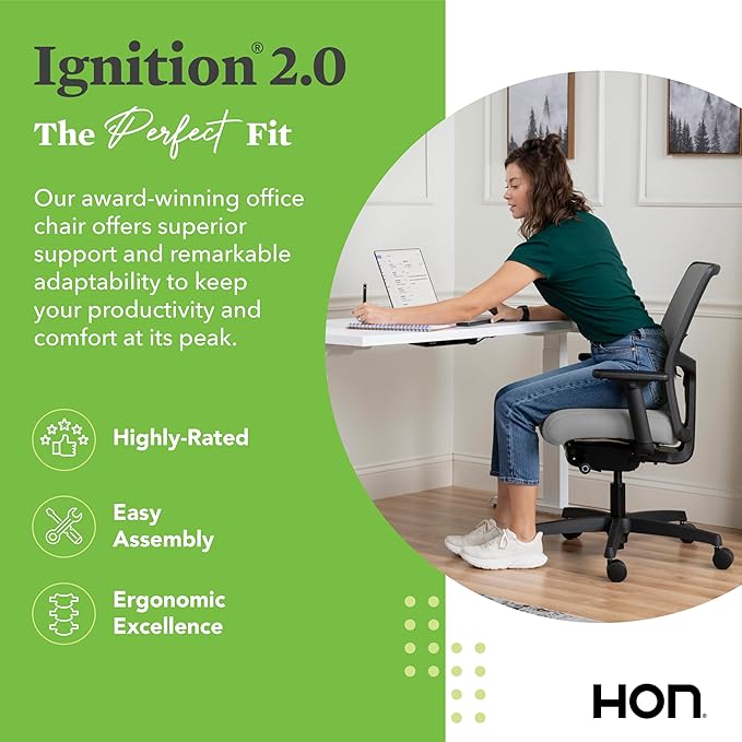 HON Ignition 2.0 Low Back Task Chair, Advanced Synchro-Tilt Control, Office Chair with Lumbar Support, Height and Width Adjustable Arms, Black Frame, Frost
