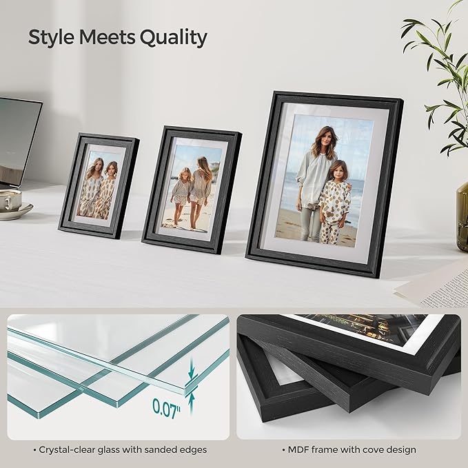 SONGMICS Picture Frames with 16 Mats, Set of 10 Collage Photo Frames, Two 8x10, Four 5x7, Four 4x6 Frames, Hanging or Table Display, Glass, 12 Non-Trace Nails, Ash Black URPF049B01