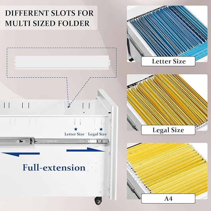 3-Drawer Mobile File Cabinets, Rolling Metal Vertical Filing Cabinet for Legal & Letter File Anti-tilt Design with Lock Fully Assembled Except Wheel, White