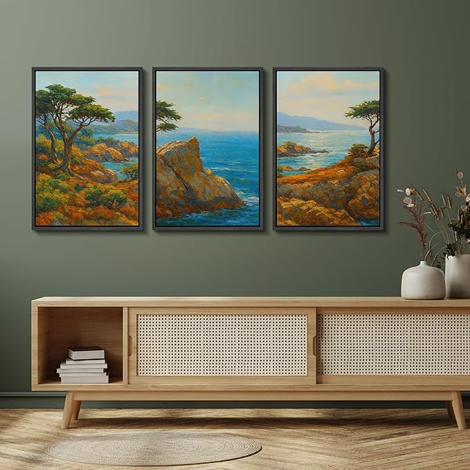 SIGNFORD Framed Wall Art Print Set Bright Coastal Cliffs and Ocean View Vibrant Seascape Digital Art Modern Art Contemporary for Living Room, Bedroom, Office - 24"x36"x3 Black