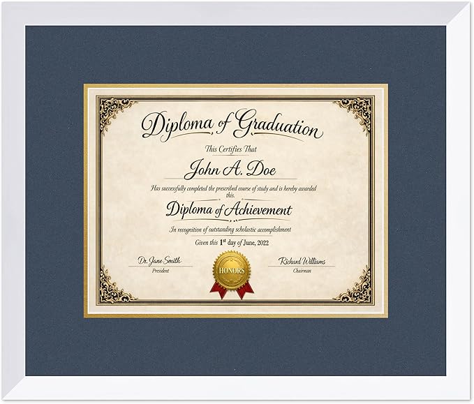 Diploma Frame Bright White with Navy Blue Over Gold Double Mat - Fits 13 x 10 College Diploma (Traditional) Wall Display Made in the USA
