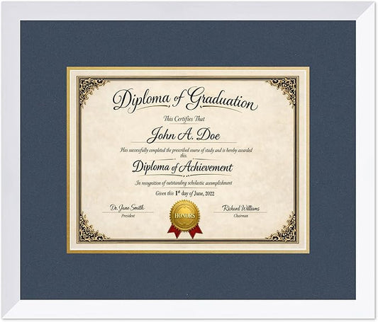Diploma Frame Bright White with Navy Blue Over Gold Double Mat - Fits 13 x 10 College Diploma (Traditional) Wall Display Made in the USA