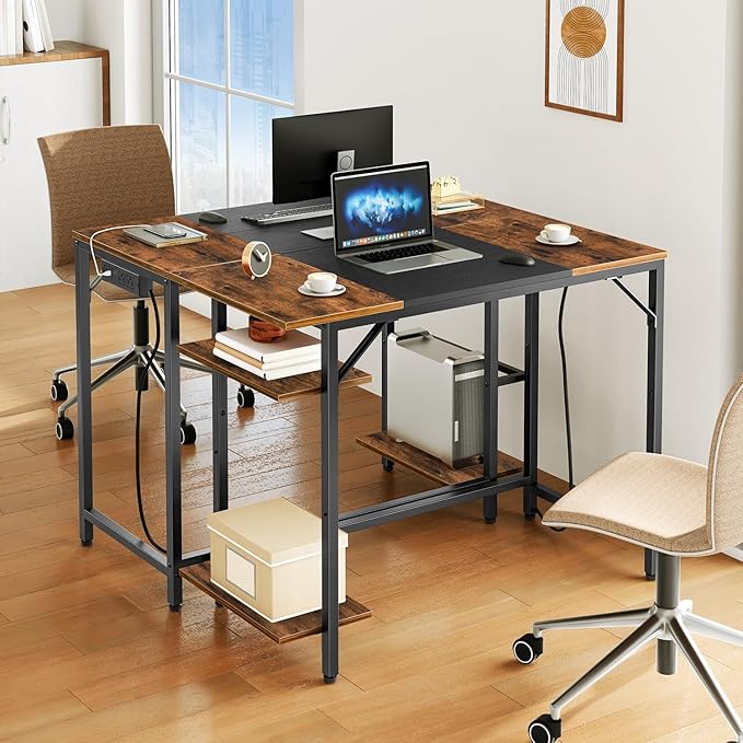 HOOBRO Computer Desk, Home Office Desk with Power Outlet, Writing Desk with 2 Shelves, Modern Small Desk for Home Office, Study, Easy to Assemble, Rustic Brown and Black BF43UDN01