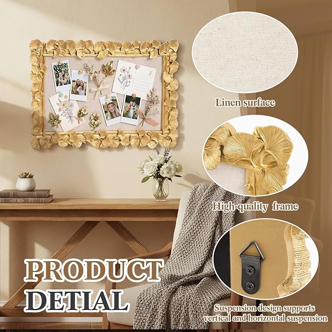 Vintage Framed Pin Board Linen Display Bulletin Board Large Cork Fabric Picture Photo Pinboard Memo Ornate Decorative Pinboard Ornate for Wall Gift(Ginkgo Leaf,30'' X 20'',Gold)
