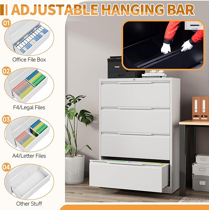 4-Drawer Metal File Cabinet with Lock,Steel Printer Stand with Storage for Home Office,Lateral Filing Cabinet for Legal/Letter/A4 Files,Assembly Required(35.43''W-4 Drawers,White)