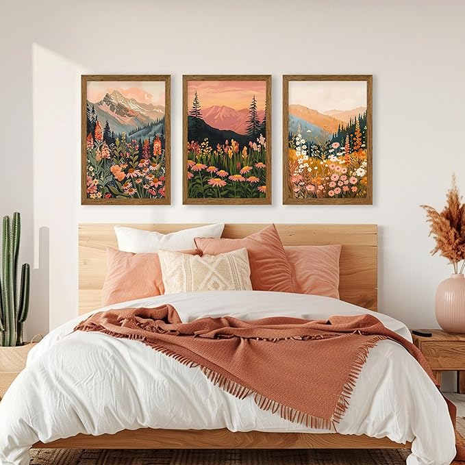 InspiredHues Large Colorful Landscape Boho Canvas Wall Art Set, 3 Piece Wildflower Mountain Wall Decor, Vintage Floral Rustic Nature Artwork Prints for Living Room Bedroom Office 20x30 In Wood Framed