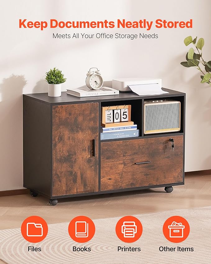 VEVOR Wood File Cabinet, Mobile Filing Cabinet with Open Shelves, Lockable Lateral Rolling File Storage with Adjustable Shelves, Free Standing Printer Stand for Home, Office, School, Rustic Brown