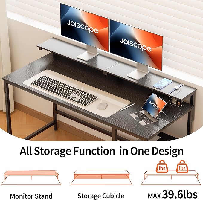 JOISCOPE Home Office Desk with Power Outlets (3AC, USB, Type-C), 55 × 20 Inch Computer Desk with Reversible Shelves, Laptop Table with Display Riser, Gaming Study Drafting Table for Bedroom, Black