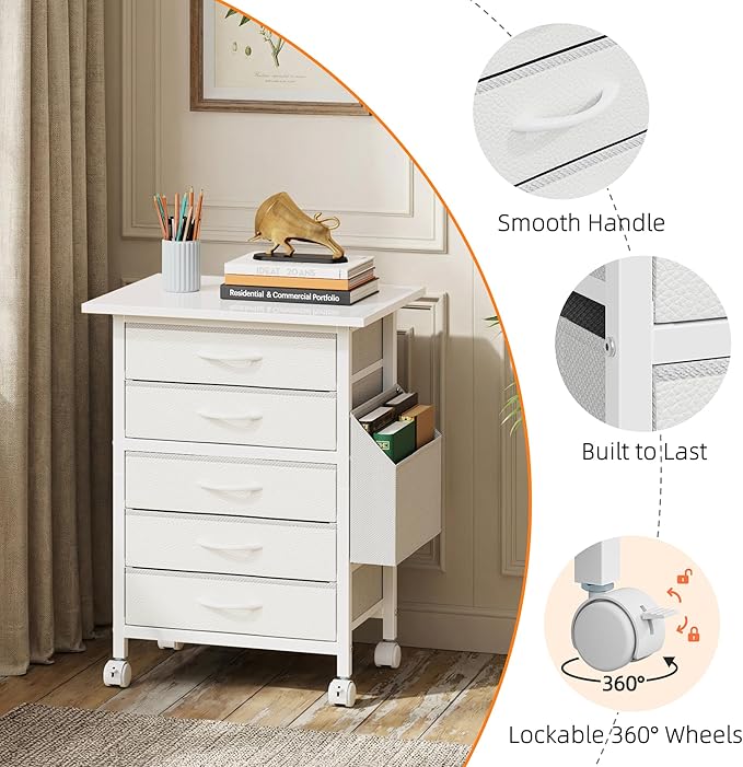 5 Fabric Drawers File Cabinet with Side Pocket, Rolling Printer Stand with Storage for Home Office, Wood Top Storage Cabinet for Documents and Crafts, White, 15" D