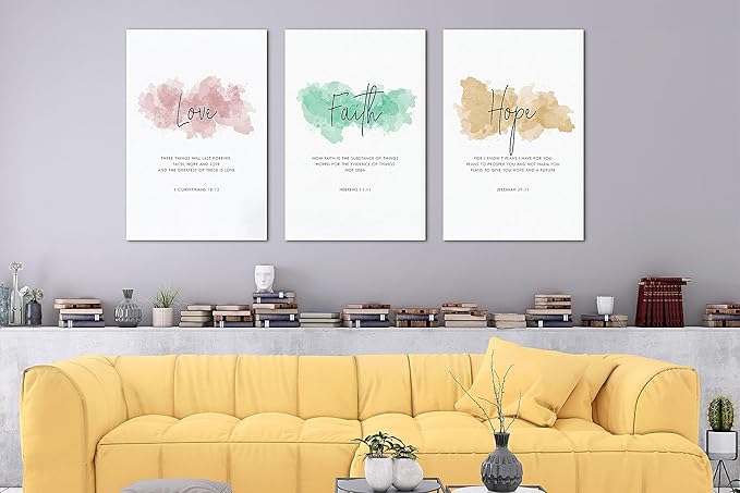 SHMAO Bible Canvas Wall Art Motivational Wall Decor, 3 Piece Love Faith Hope Canvas Print Pictures for Office Wall Decor Women Inspirational Framed Artwork Home Office Decor 20”x30”x3 Panels