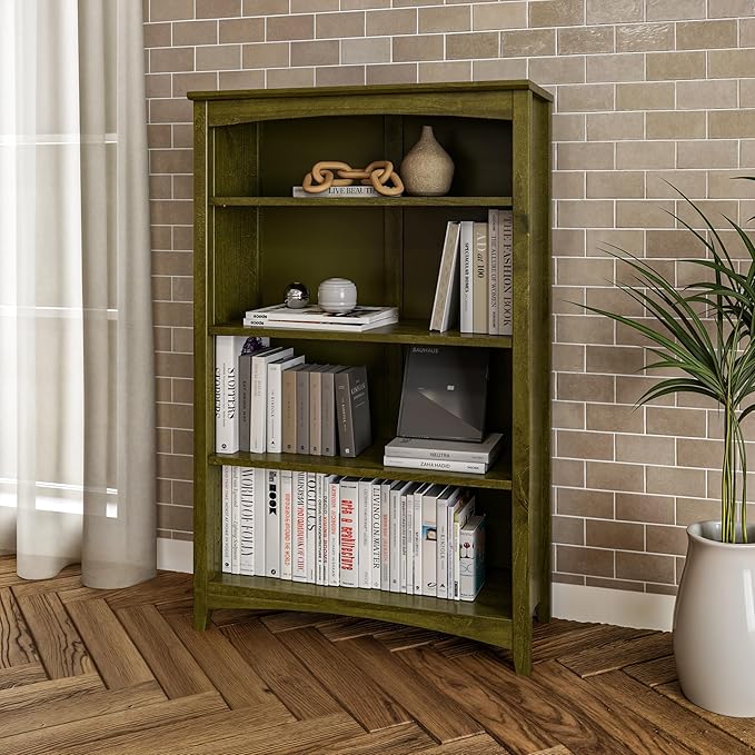 Camaflexi Shaker Style 4 Shelf Bookcase/Solid Wood / 48" High/Adjustable Shelving/Closed Back/Display Bookshelf for Living Room, Bedroom, Home and Office, Olive Grove Green