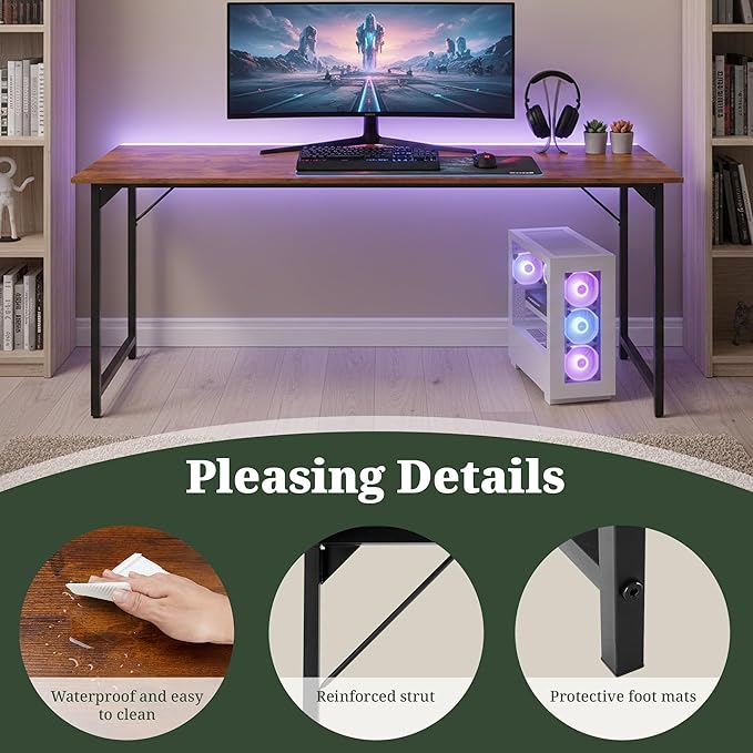 Computer Desk 63 Inch, Simple Large Home Office Desk Study Writing Table, Sturdy Metal Frame, Scratch-Resistant MDF Desktop for Bedroom Dorm Workspace, Brown