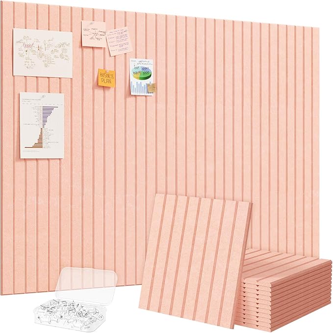 Lifewit Felt Slatted Bulletin Board with Self-Adhesive, 48"x 36"-12 Pack Cork Board Alternative, Pin Board Vision Board Message Board with 50 Pushpins for Office Decor, Room Decor, Pink