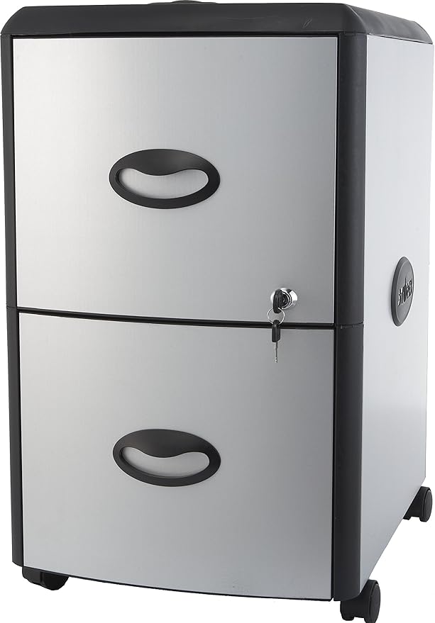 Storex Plastic 2-Drawer Mobile File Cabinet with Metal Accents, Flat Top, 19 x 15 x 23 Inches, Black/Gray (61351C01C)