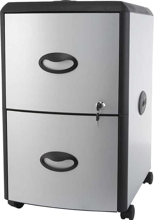 Storex Plastic 2-Drawer Mobile File Cabinet with Metal Accents, Flat Top, 19 x 15 x 23 Inches, Black/Gray (61351C01C)
