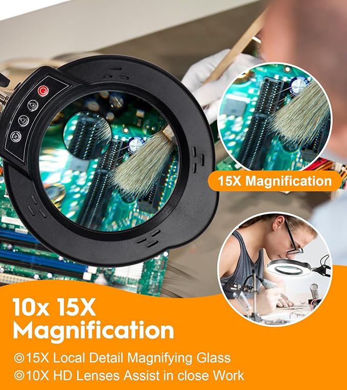 10X Magnifying Glass with Light and Stand, 2 in 1 Real Glass Lens Magnifying Desk Lamp, 5 Color Modes, Brightness Stepless Dimmable LED Lighted Magnifier Hands Free for Repair Craft Close Work