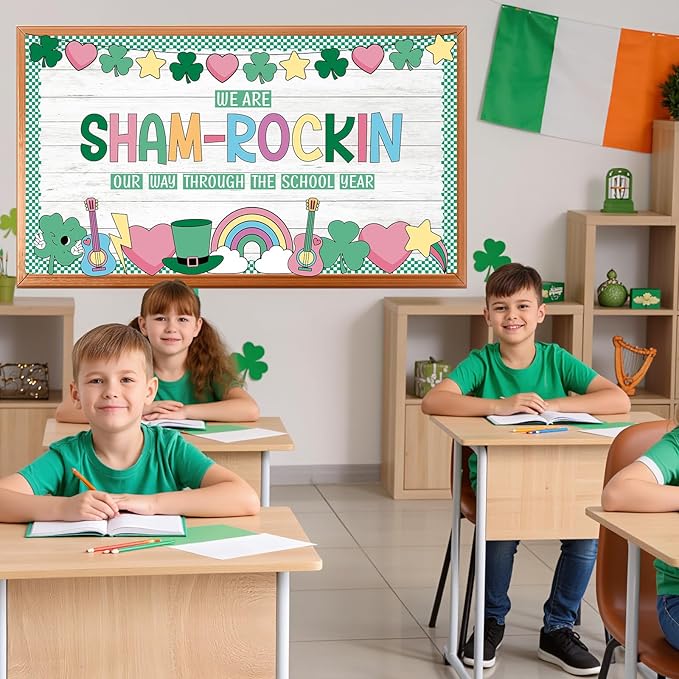 St. Patrick's Day Bulletin Board Set Shamrock Rainbow Paper Cut Outs St. Patrick's Day Classroom Bulletin Board Decoration Hearts Stars Hat Guitars Decor for Party Classroom Chalkboard Wall Decoration