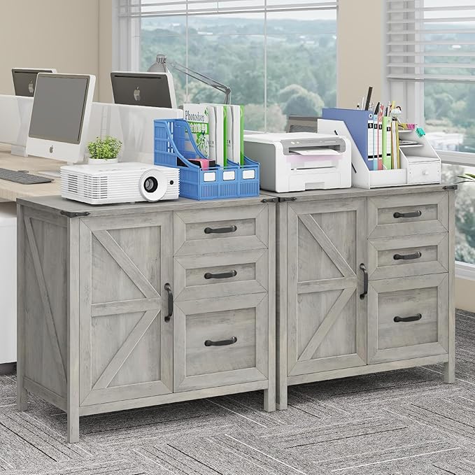 Lateral File Cabinet with 3 Drawers, Farmhouse File Cabinet for Letter/A4 Size Hanging Files, Large Wood File Storage Cabinets Printer Stand for Home Office Furniture, Grey