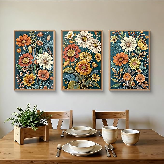 HOURIA Spring Boho Vintage Floral Framed Canvas Wall Art Set,Nordic Retro Colorful Wildflower & Green Leaves Wall Decor,Abstract Vibrant Bouquet Botanical Artwork for Living Room, Bedroom,Farmhouse-16"x24"x3
