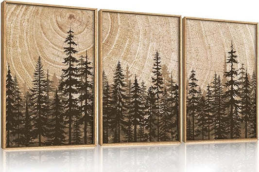 Modern Pine Tree Framed Canvas Wall Art,Natural Woodland Wall Decor,Vintage Brown Rings Painting,Neutral Forest Landscape Artwork for Living Room,Bedroom,Kitchen,Study,Office - 12"x16"x3