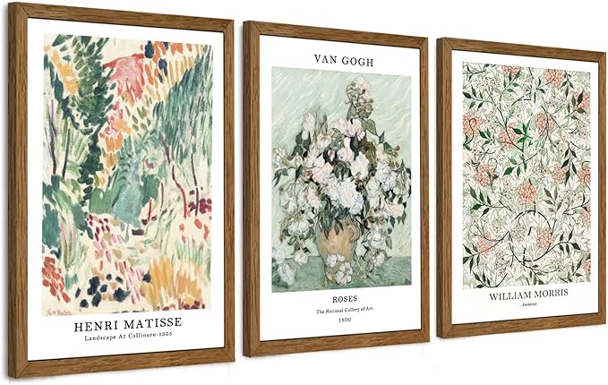 InspiredHues Matisse Van Gogh Morris Canvas Wall Art Set of 3, Sage Green Beige Neutral Flower Wall Decor, Vintage Botanical Art Prints for Living Room Bedroom Office Home Decoration 16x24 Wood Framed