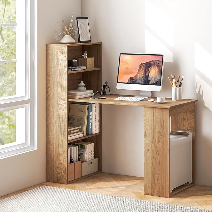 Tangkula Computer Desk with Bookshelf, Writing Study Desk with Storage Shelves & CPU Stand, Modern Compact Computer Workstation for Home & Office, Space-Saving Design(Natural)