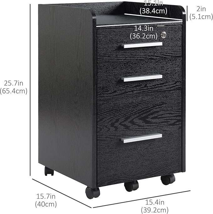 HOMCOM Vertical Filing Cabinet 3-Drawer, Mobile File Cabinet with Lock and Wheels for A4, Letter Size, Black