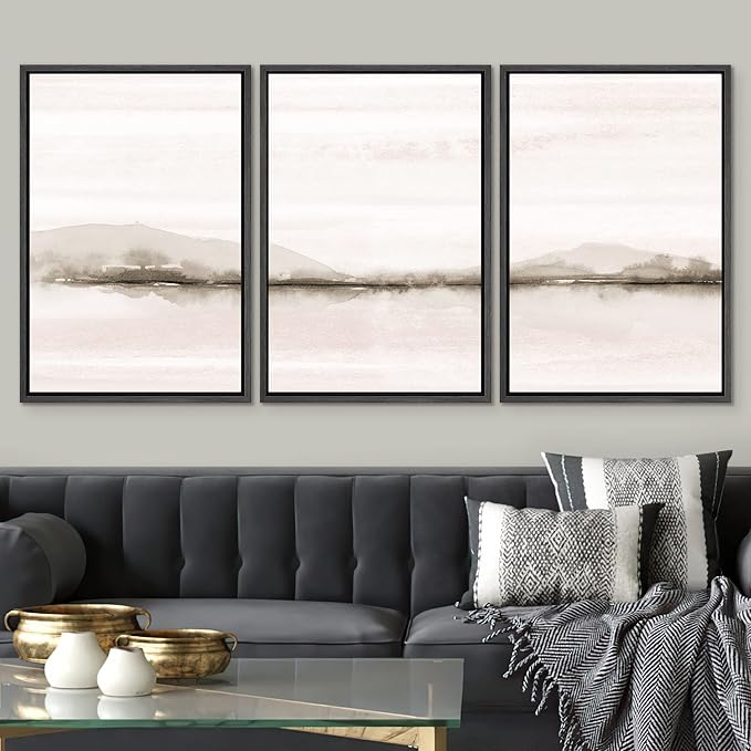 SIGNWIN Framed Canvas Print Wall Art Set Pastel Sunset Mountain Forest Lake Nature Wilderness Illustrations Modern Art Rustic Scenic Relax/Calm for Living Room, Bedroom, Office - 16"x24"x3 Black