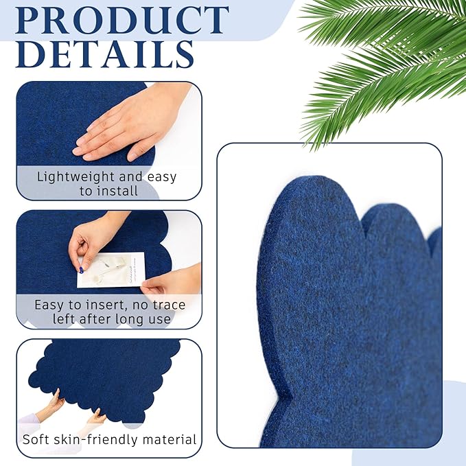 Scalloped Felt Bulletin Board 48 x 36 Inches Foldable Dark Blue Pin Cork Board Alternative for Wall, 4' x 3' Trifold Picture Vision Self Adhesive Bulletin Decorative