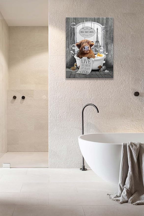 yerretin Funny Highland Cow Bathroom Wall Art Cow in Bathtub Pictures Wall Decor Hello Sweet Canvas Painting Modern Artwork Bathroom Decorations Framed Ready to Hang 16"x20"