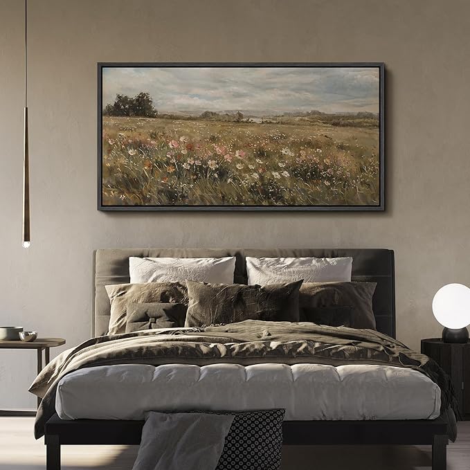 SIGNFORD Extra Large Framed Canvas Pastoral Flower Field Landscape Classic Illustrations Modern Art Calm Warm for Living Room, Bedroom, Office - 60"x30"