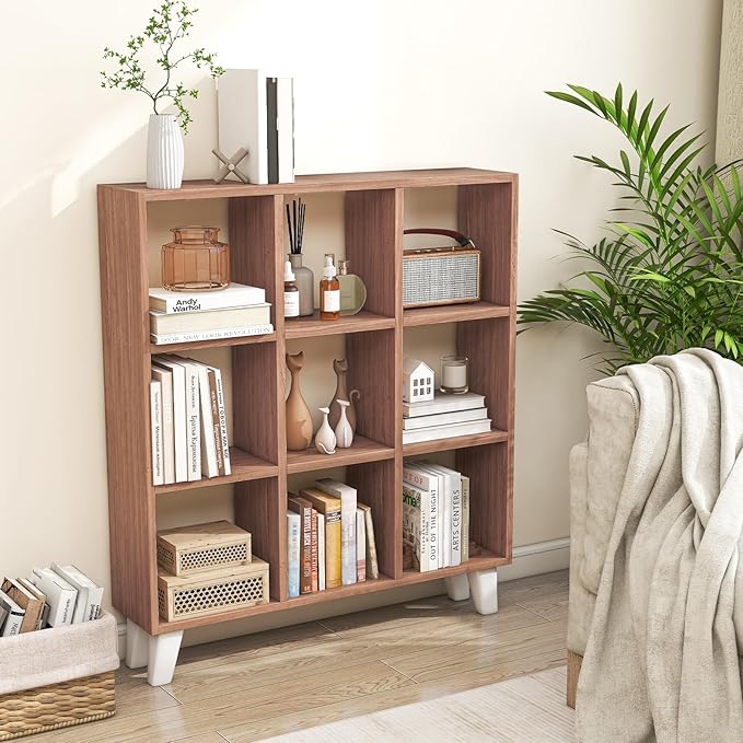 Tangkula 9-Cube Bookcase, Freestanding 3-Tier Bookshelf with 6 Removable Shelves, Open Back DIY Storage Organizer with Raised Support Feet for Living Room Study Office (2, Brown)