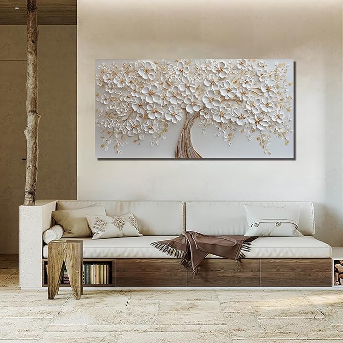 Large Tree Artwork for Walls Office White Flower Canvas Wall Art for Living Room Wall Decor for Bedroom Aesthetic Size 29 x 58 Inch