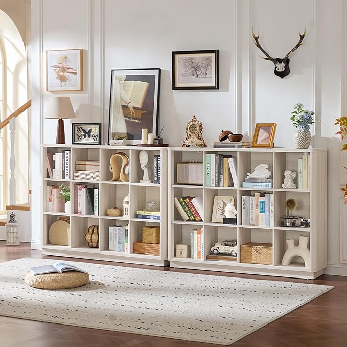 12 Cube Storage Organizer, 41" Large Bookshelf with Curved Edge, Wood Floor Standing 3-Tier Cubby Bookcase w/Base, Modern Display Storage Cabinet for Living Room, Office, Gray-White Cream Oak