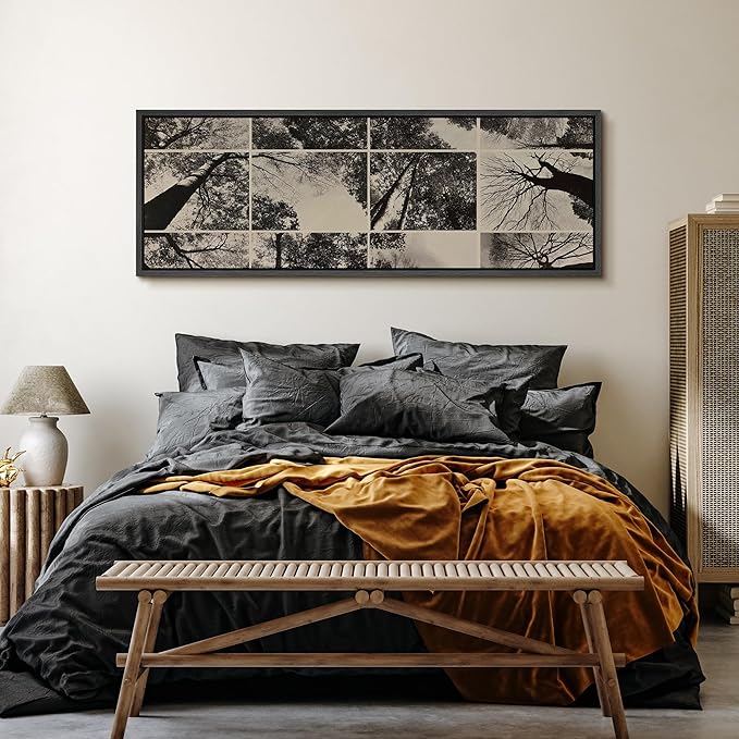 SIGNFORD Large Framed Canvas Print Wall Art Black and White Forest Canopy Grid Collage Illustrations Modern Art Calm Warm for Living Room, Bedroom, Office - 60"x20"
