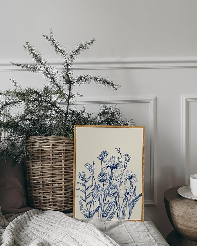 ARPEOTCY Vintage Framed Canvas Wall Art, 12x16 Inch Blue Botanical Flower Wall Art, Minimalist Line Drawing Floral Print, Nature Canvas Picture for Living Room, Bedroom, or Bathroom Decor